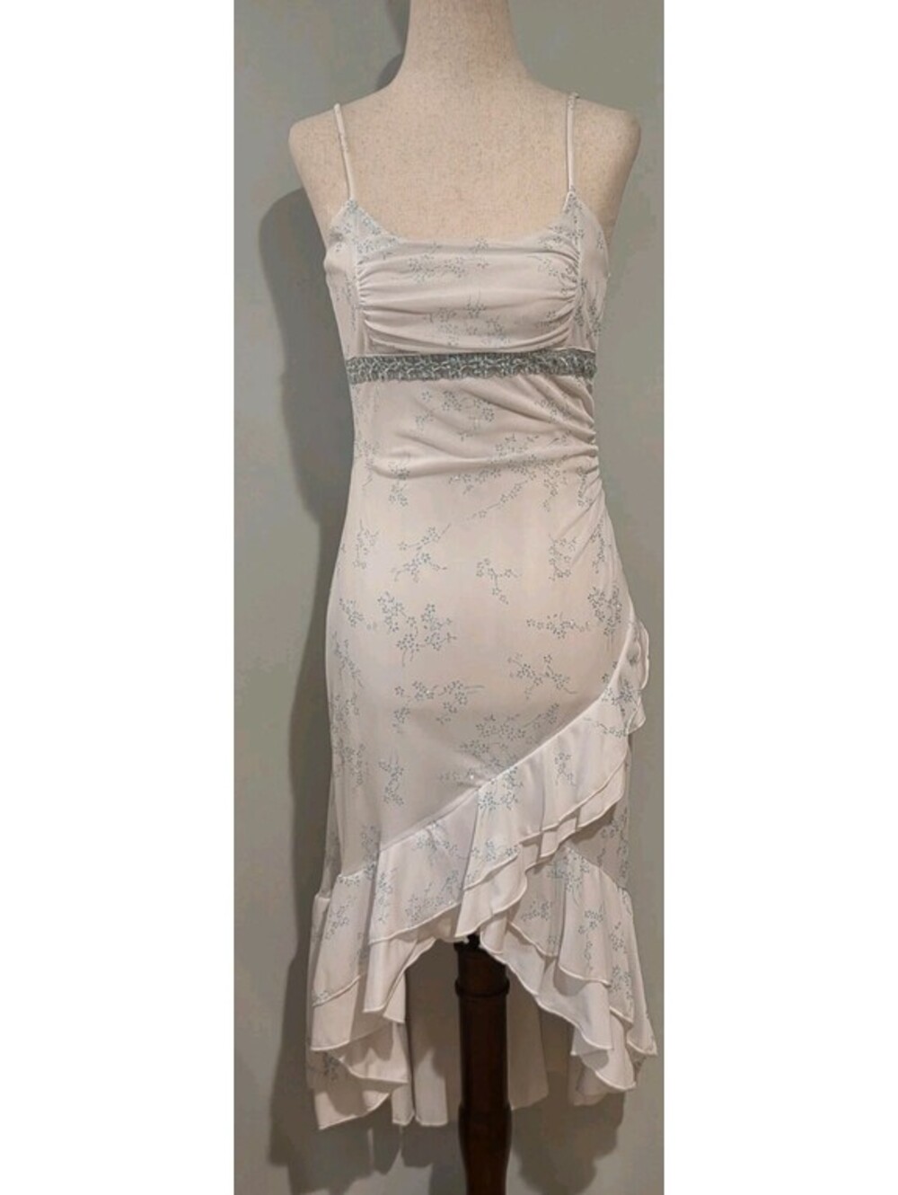 Taboo Sz M White Turquoise Glitter Floral Asymmetrical Ruffle Hem Dress Vintage